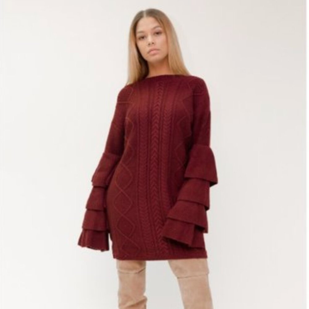 Ruffled Sleeve Knit Sweater Dress (Burgundy)